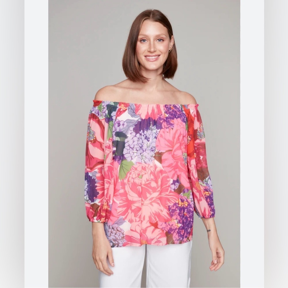 Carre Noir Floral Off-the-Shoulder 3/4 Sleeve Blouse